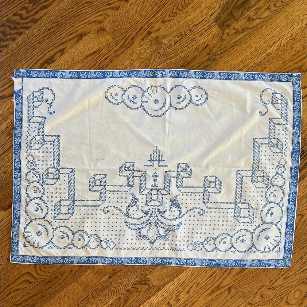 Embroidered Tablecloth Dresser Scarf Blue Cross Stitch Cutter Vintage